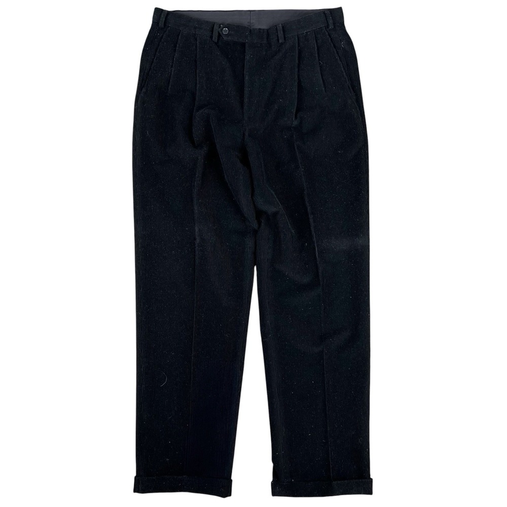Vintage Pleated Corduroy Wool Pants Black Baggy Straight Leg Men's 37x34 Cuffed